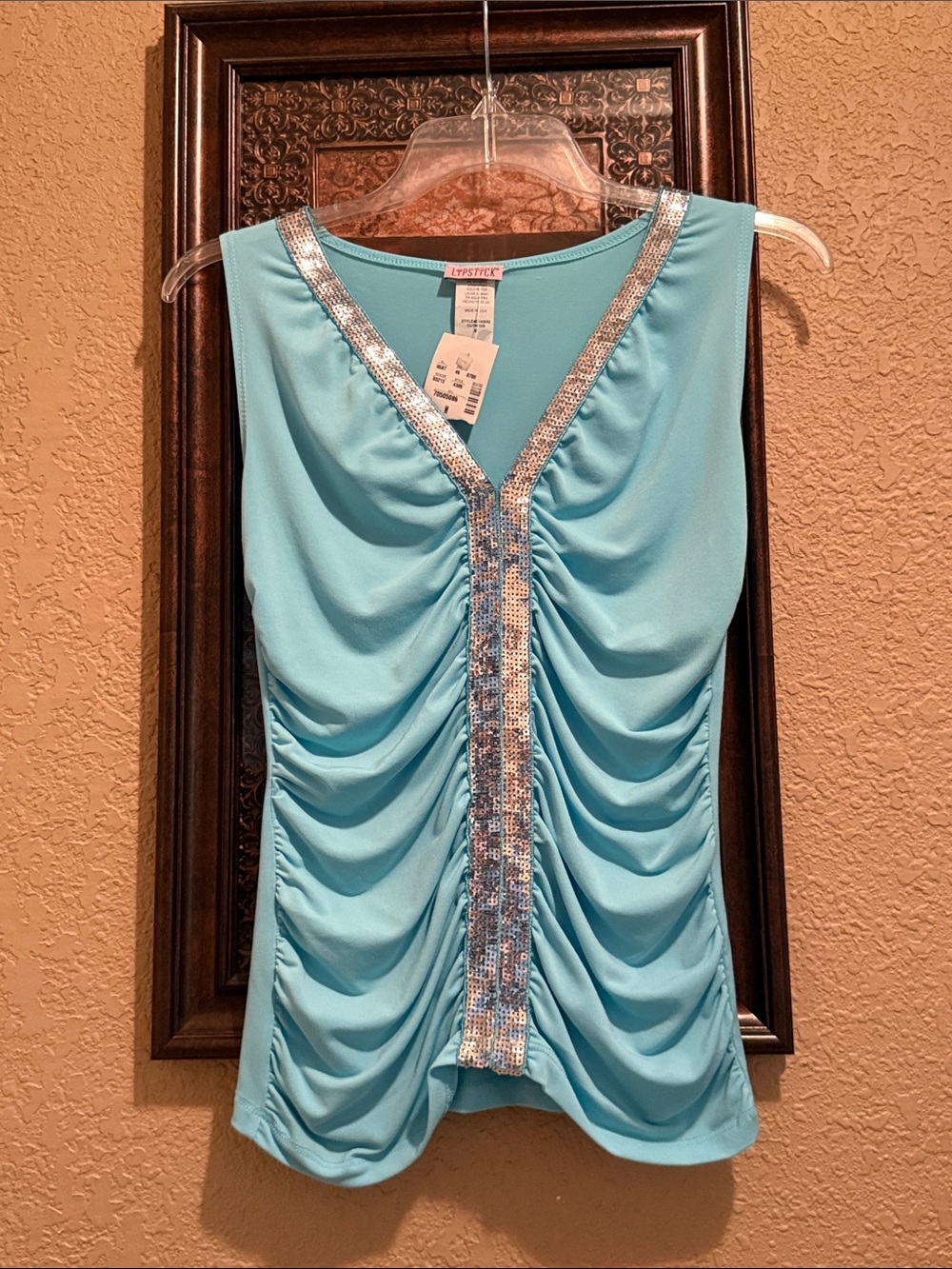 NWT Lipstick Boutique Light Aqua V-Neck Ruched Blouse with Silver Sequin Trim